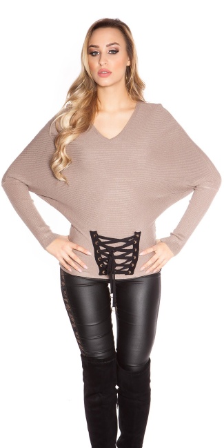 Trendy bat sweater with lacing Cappuccino